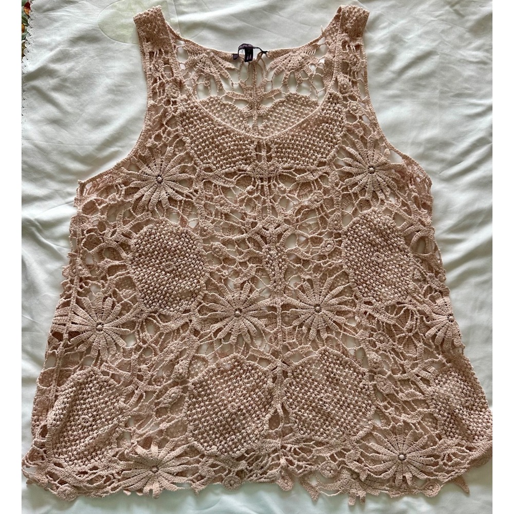 Olivia Sky Womens Crochet Knit Tank Top Blush Pink Floral Cotton Boho Medium